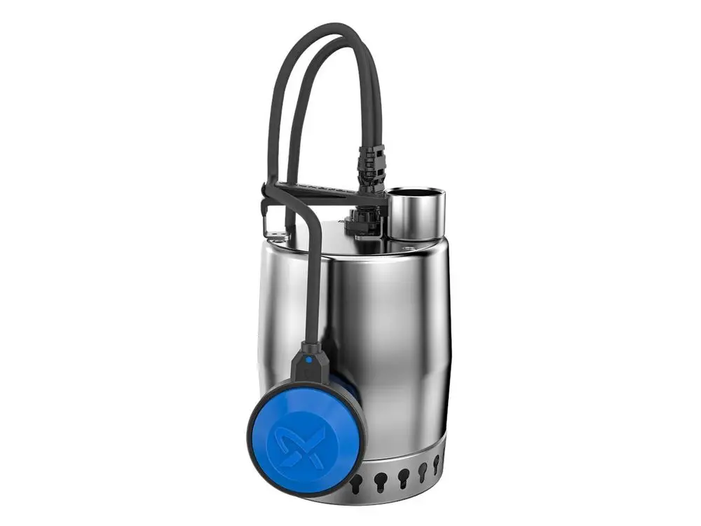 Tauchmotorpumpe aus Edelstahl mit zwei Schläuchen und blauer Steuerungseinheit, geeignet für die Entwässerung. Marke: Grundfos.